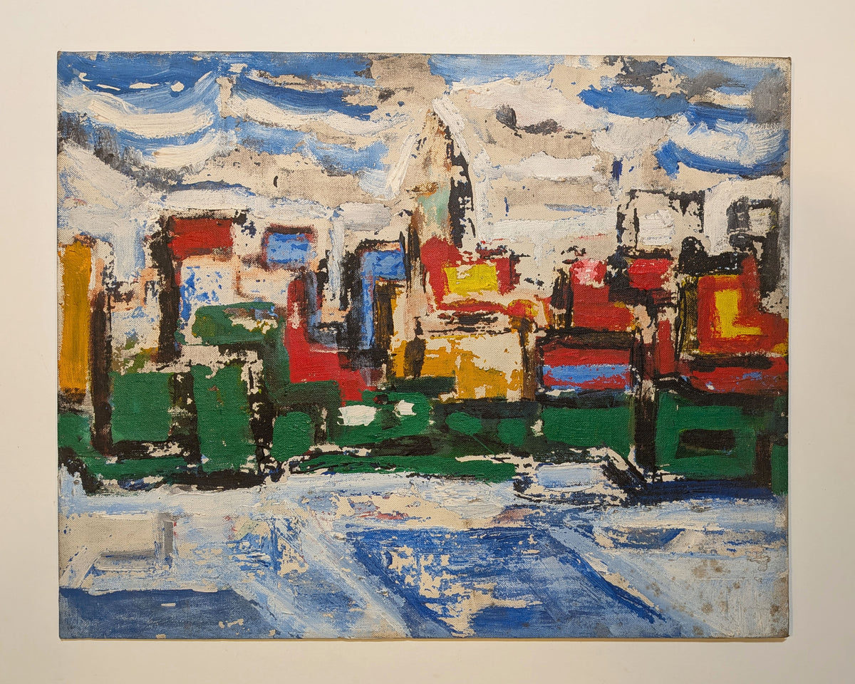 Vintage Mid-Century Abstract NYC Manhattan Skyline Painting LIC East River