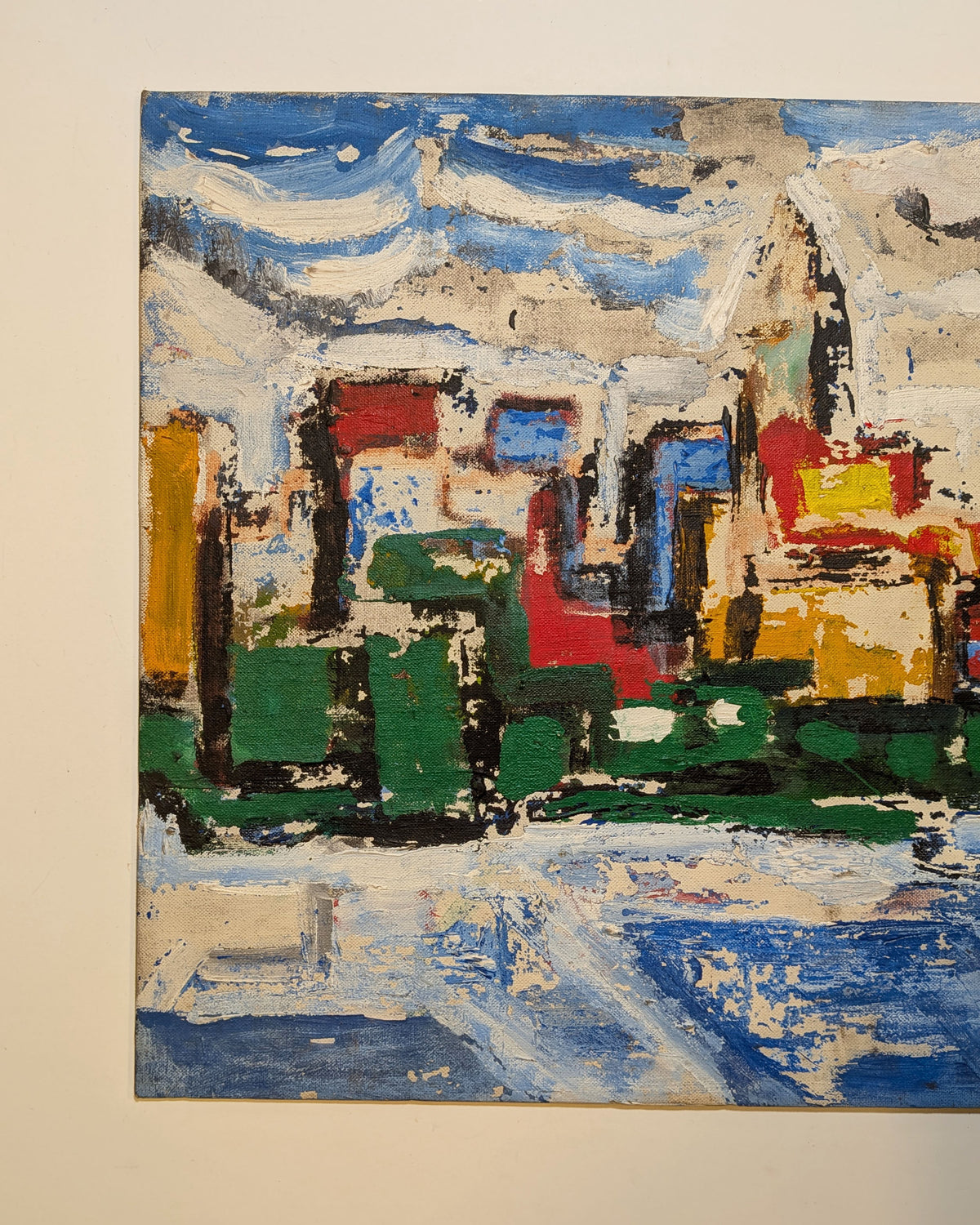 Vintage Mid-Century Abstract NYC Manhattan Skyline Painting LIC East River