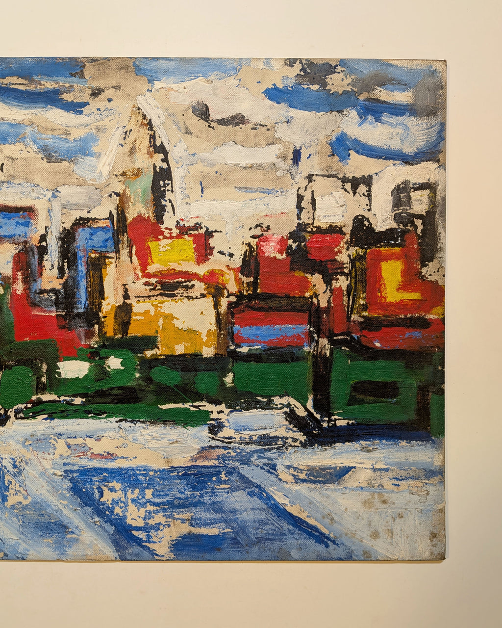 Vintage Mid-Century Abstract NYC Manhattan Skyline Painting LIC East River