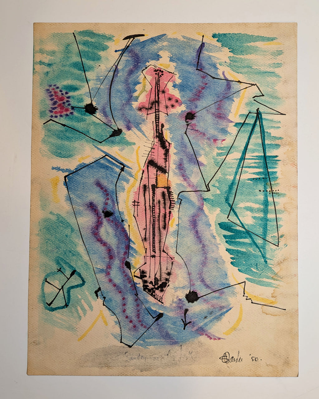 Mid-Century Surrealist Circus Watercolor Mixed-Media Work Signed & Dated 1950