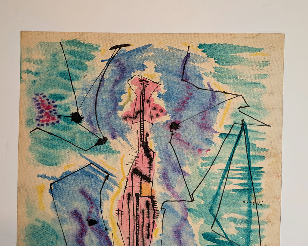 Mid-Century Surrealist Circus Watercolor Mixed-Media Work Signed & Dated 1950