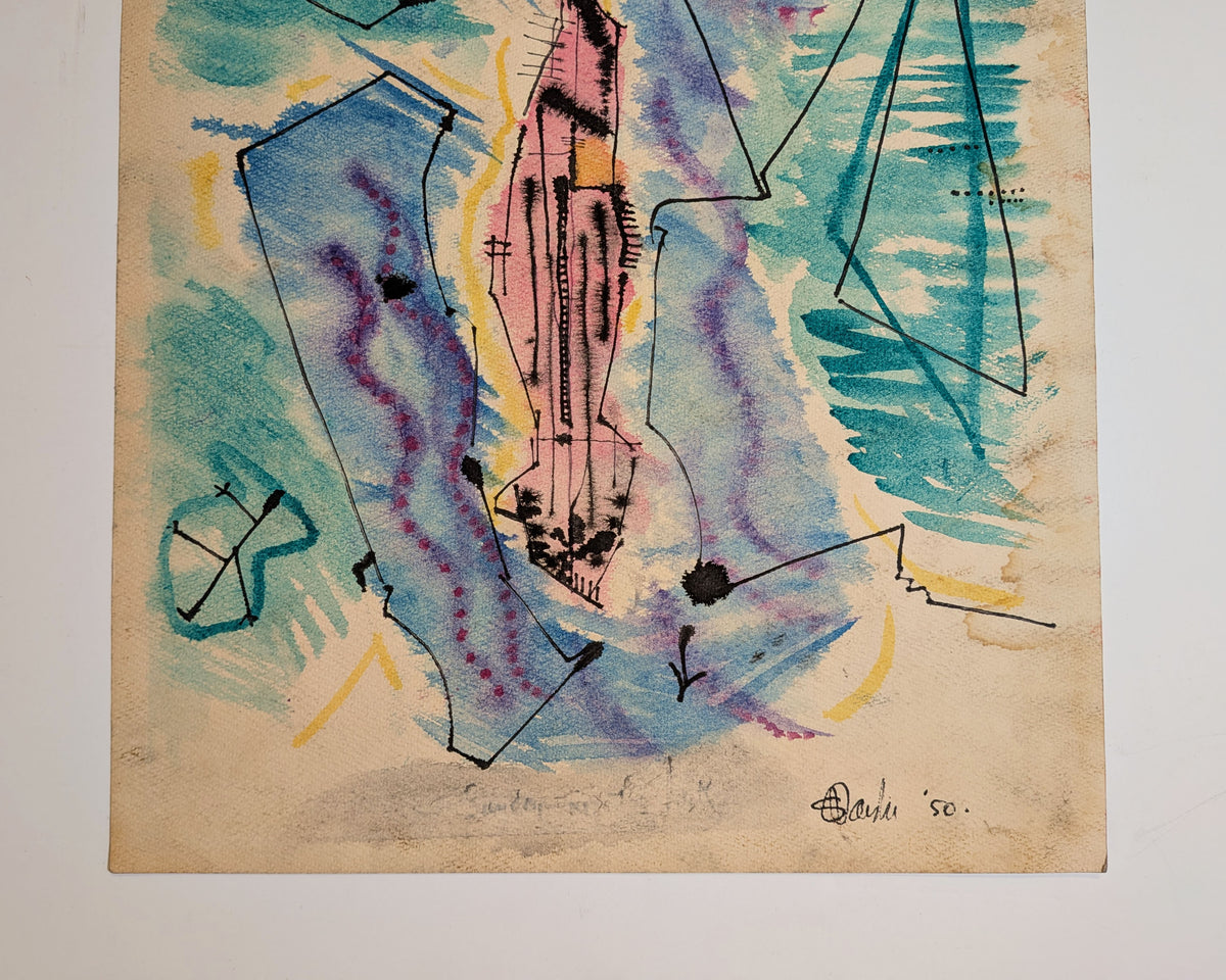 Mid-Century Surrealist Circus Watercolor Mixed-Media Work Signed & Dated 1950