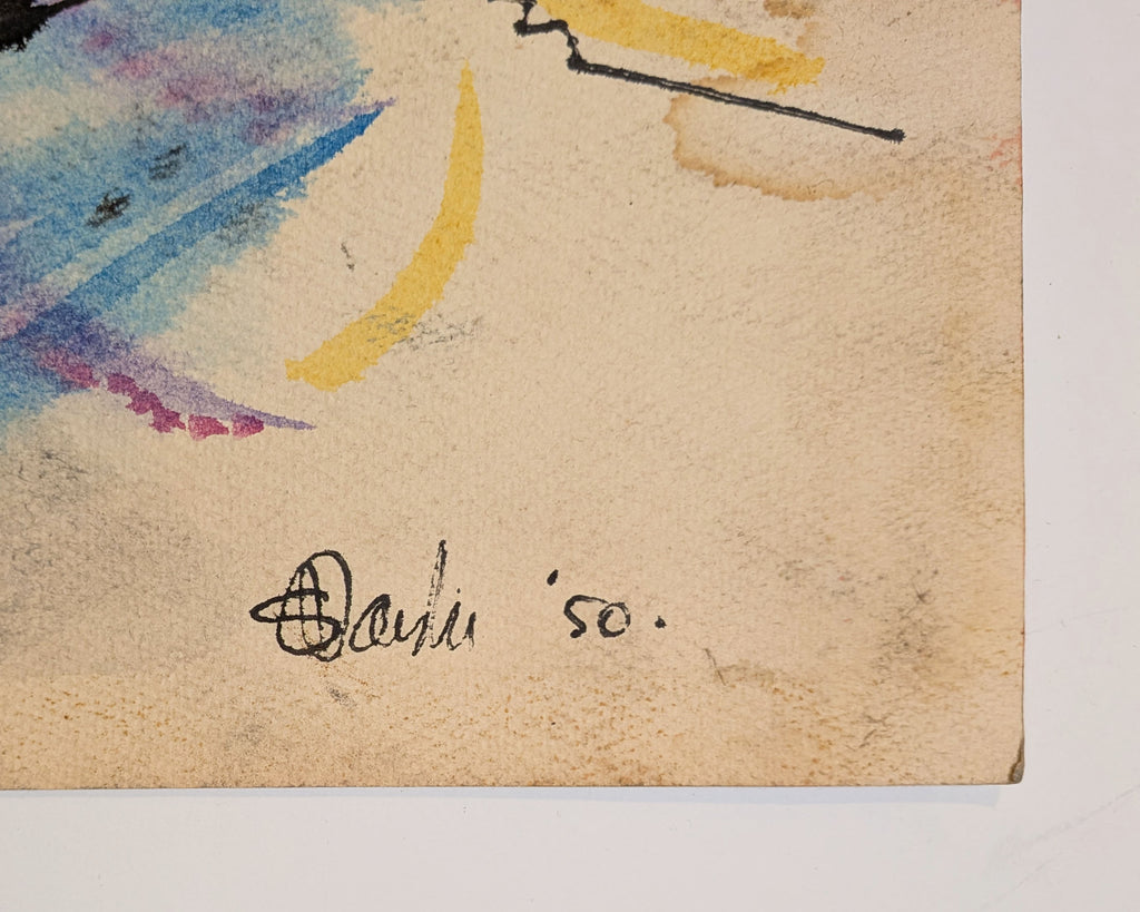 Mid-Century Surrealist Circus Watercolor Mixed-Media Work Signed & Dated 1950