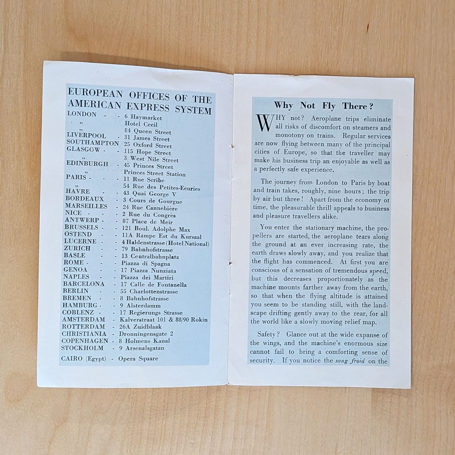 American Express Air Travel Brochure Biplane Sept. 1921 "Why Not Fly There?"