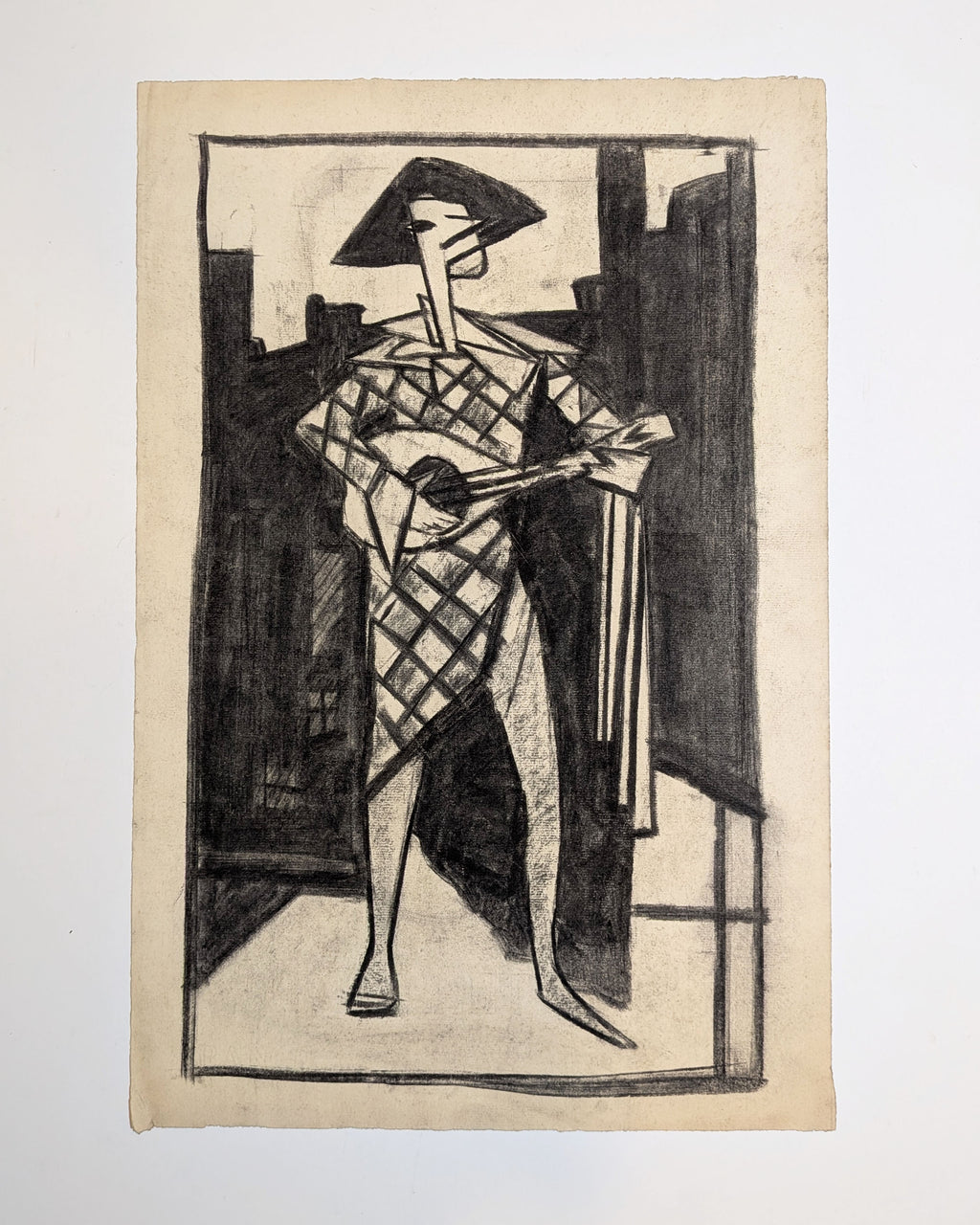 Vintage Mid-Century Cubist Harlequin Musician Charcoal Drawing, Unsigned