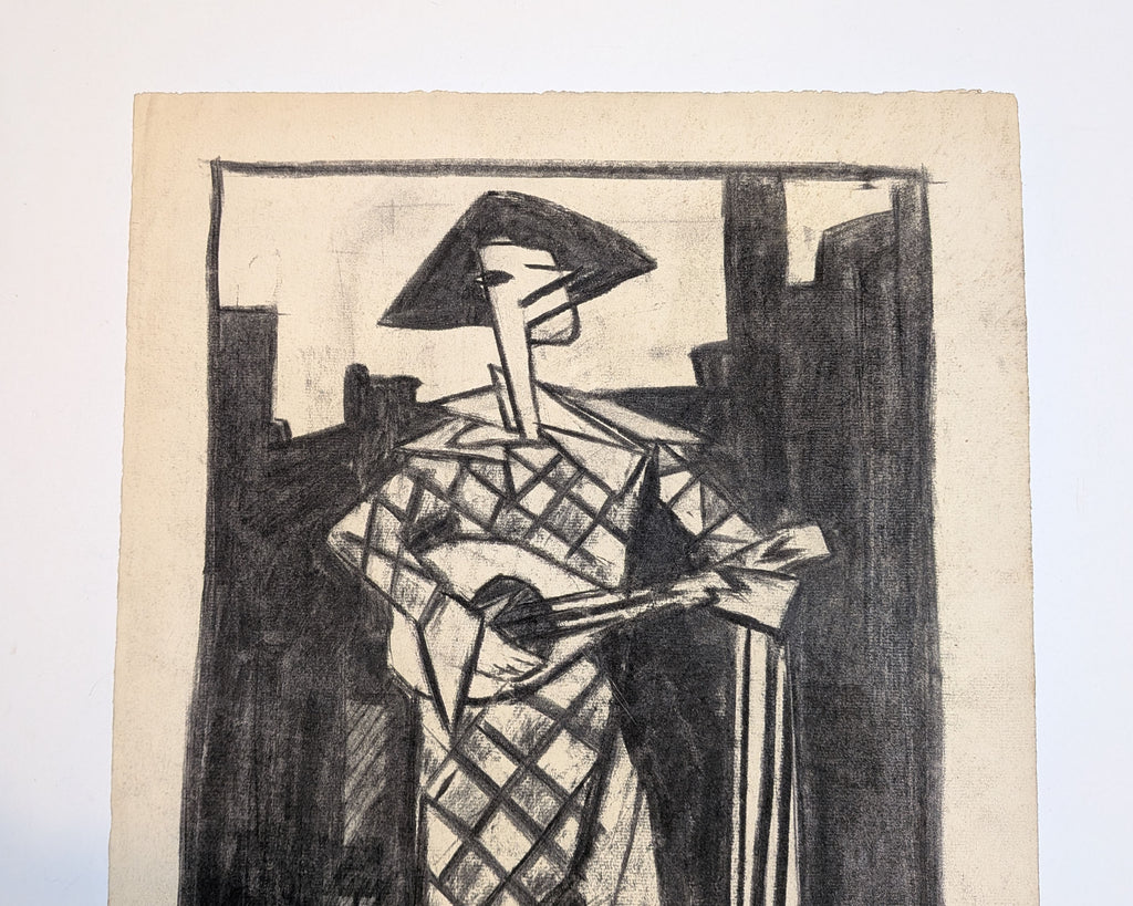 Vintage Mid-Century Cubist Harlequin Musician Charcoal Drawing, Unsigned