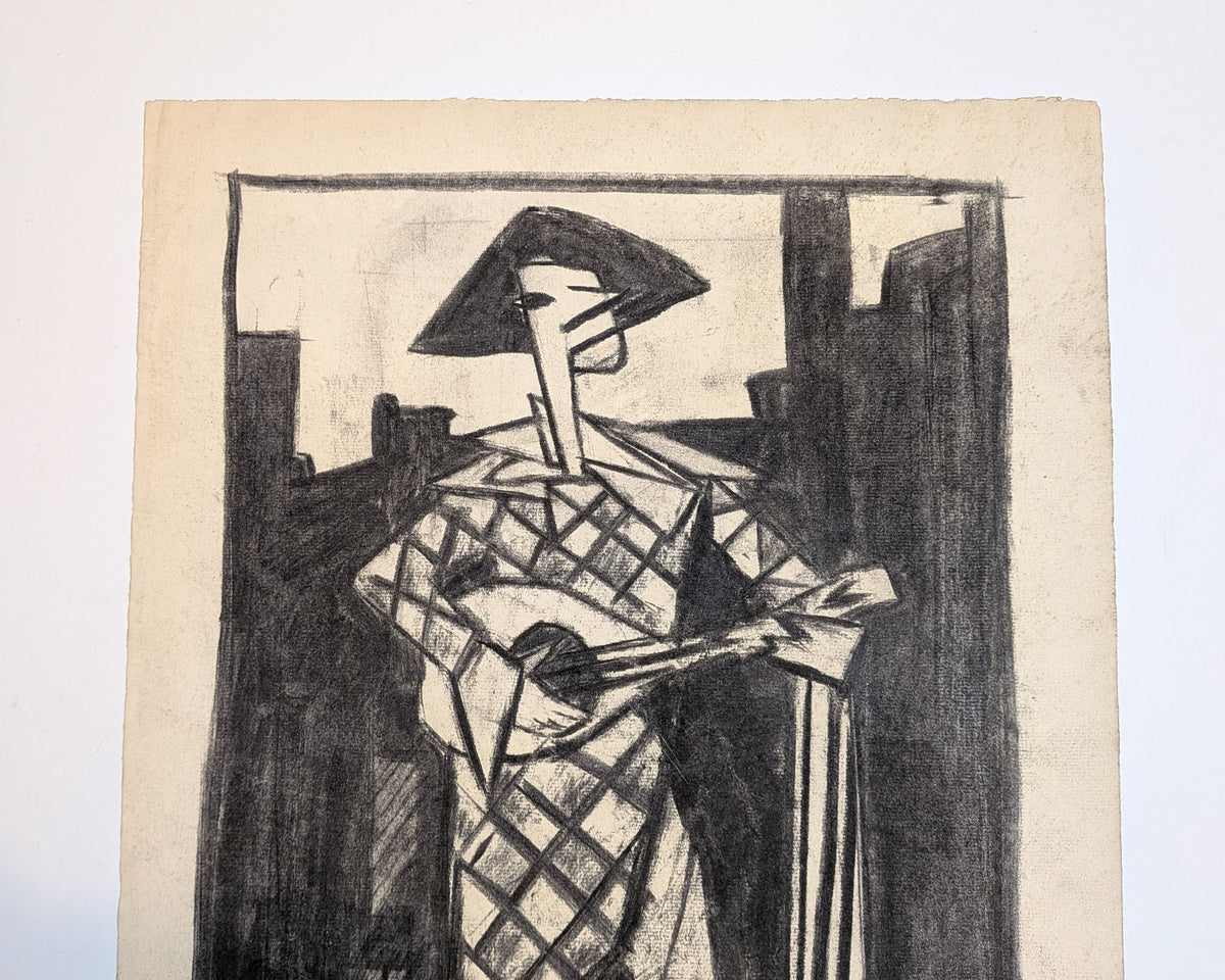 Vintage Mid-Century Cubist Harlequin Musician Charcoal Drawing, Unsigned