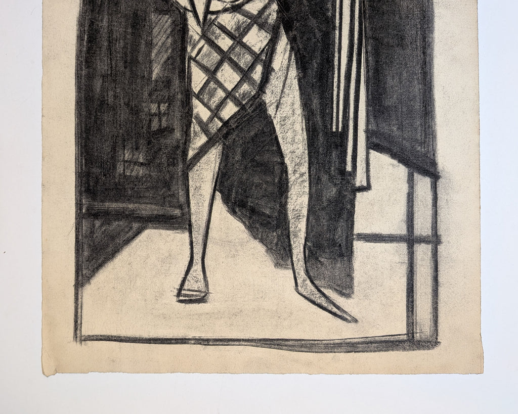 Vintage Mid-Century Cubist Harlequin Musician Charcoal Drawing, Unsigned