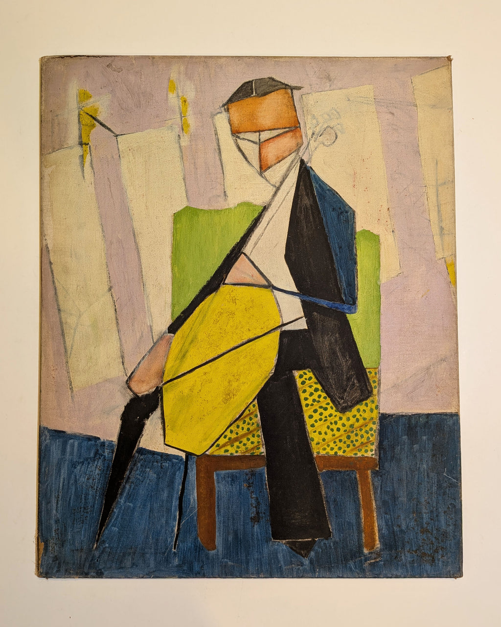 Mid-Century Synthetic Cubist Cellist Musician Portrait Oil Painting on Canvas