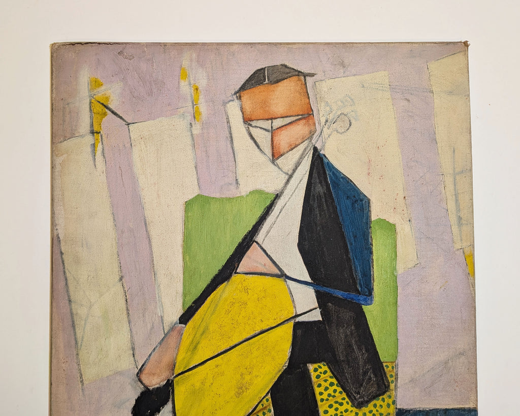 Mid-Century Synthetic Cubist Cellist Musician Portrait Oil Painting on Canvas