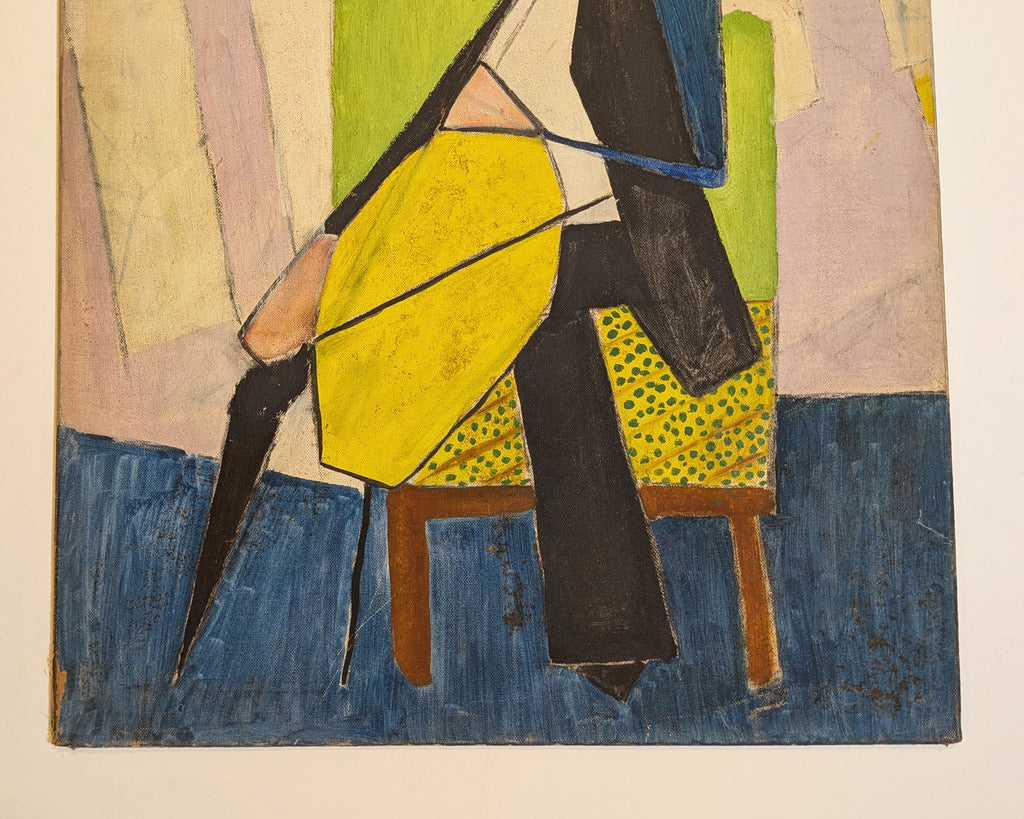 Mid-Century Synthetic Cubist Cellist Musician Portrait Oil Painting on Canvas