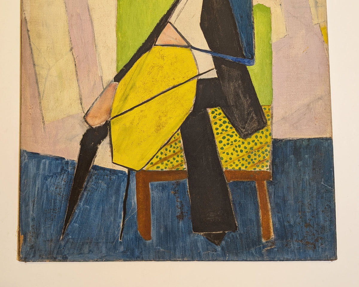 Mid-Century Synthetic Cubist Cellist Musician Portrait Oil Painting on Canvas