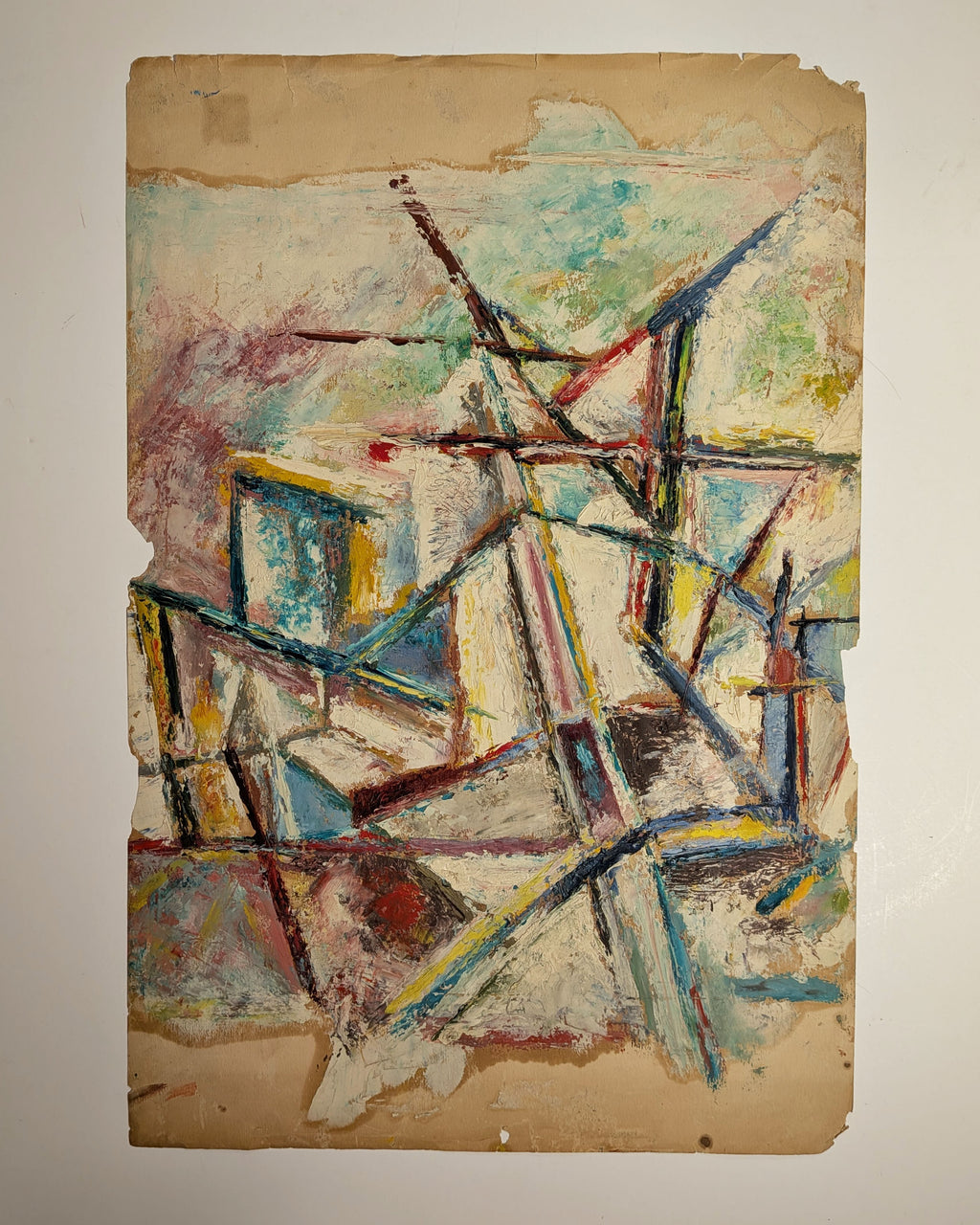 Vintage 1940s Cubist Abstract Cityscape Painting, Oil on Paper, Unsigned