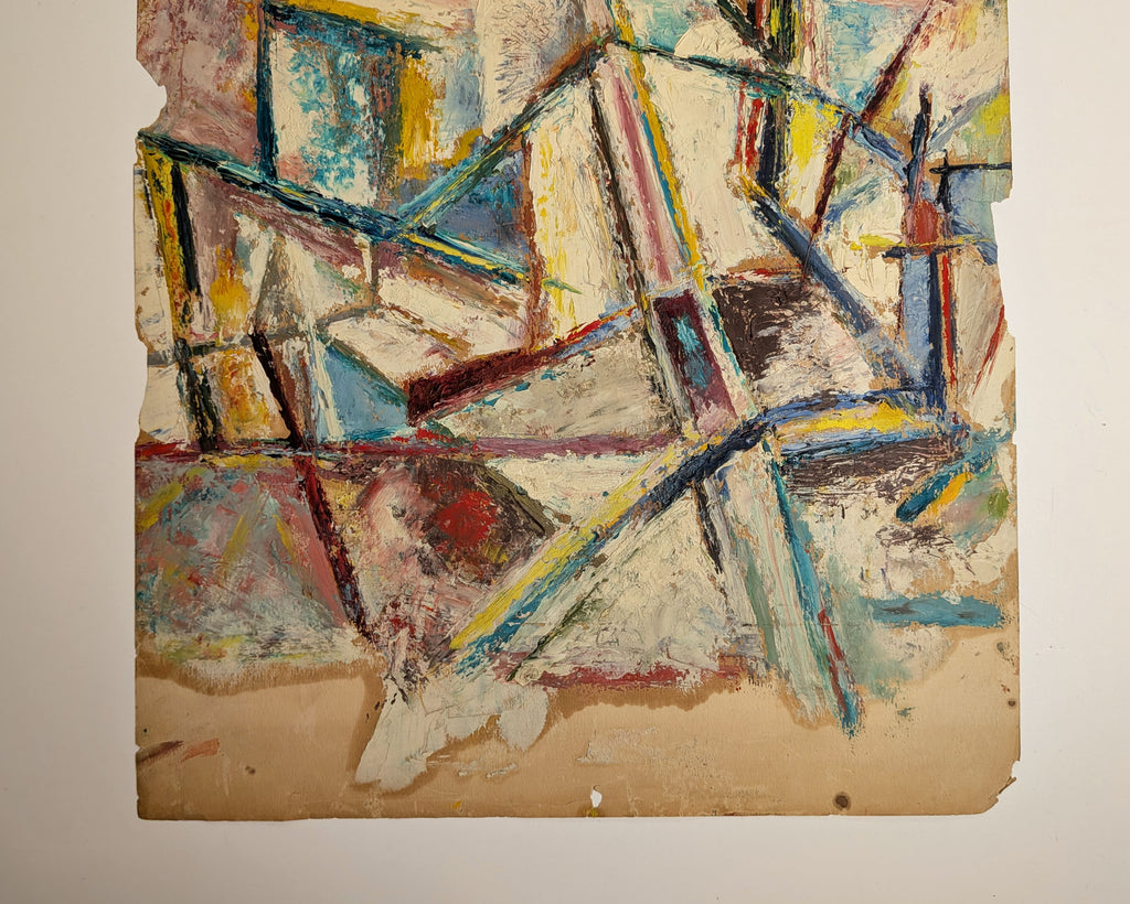 Vintage 1940s Cubist Abstract Cityscape Painting, Oil on Paper, Unsigned