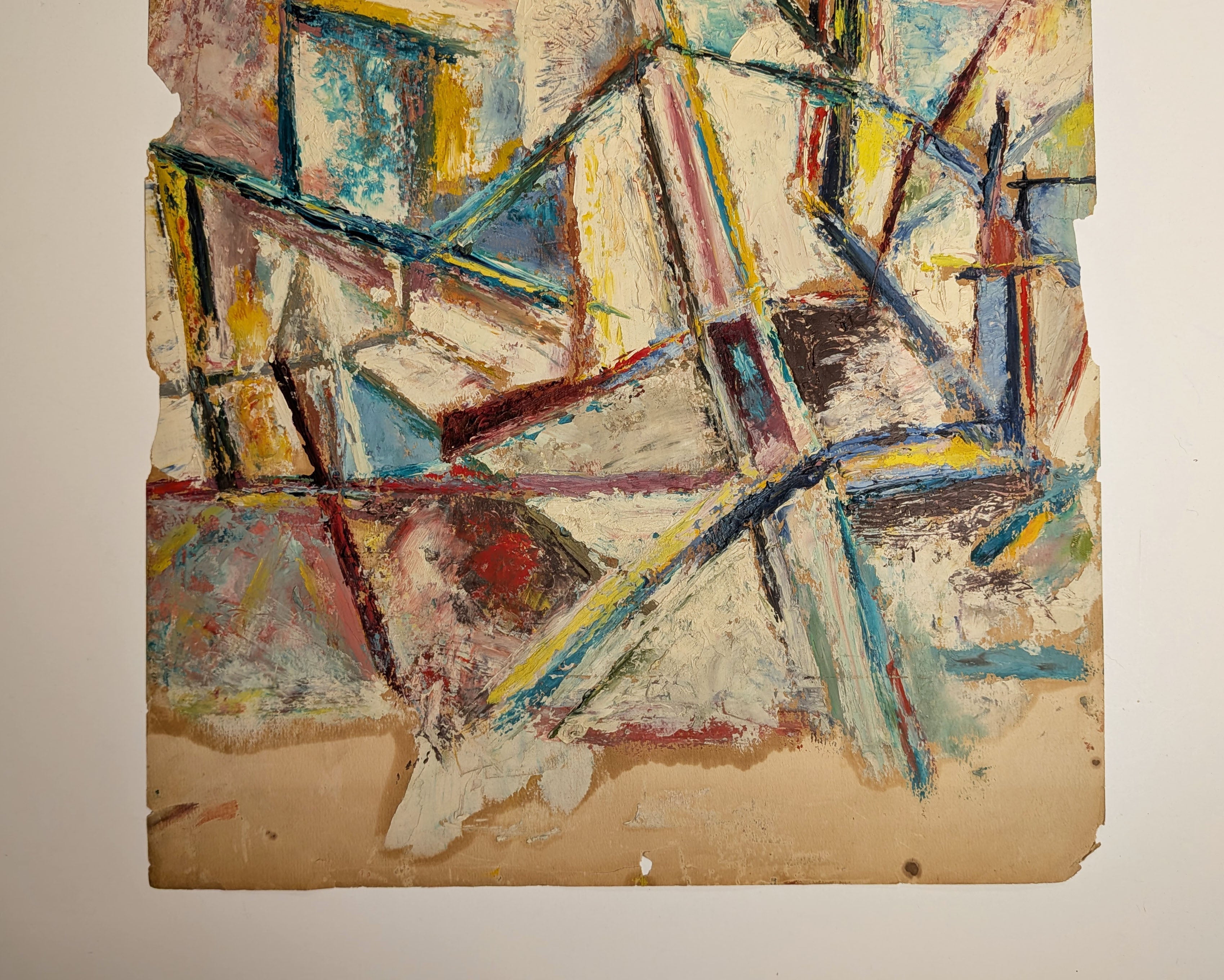 Vintage 1940s Cubist Abstract Cityscape Painting, Oil on Paper, Unsigned