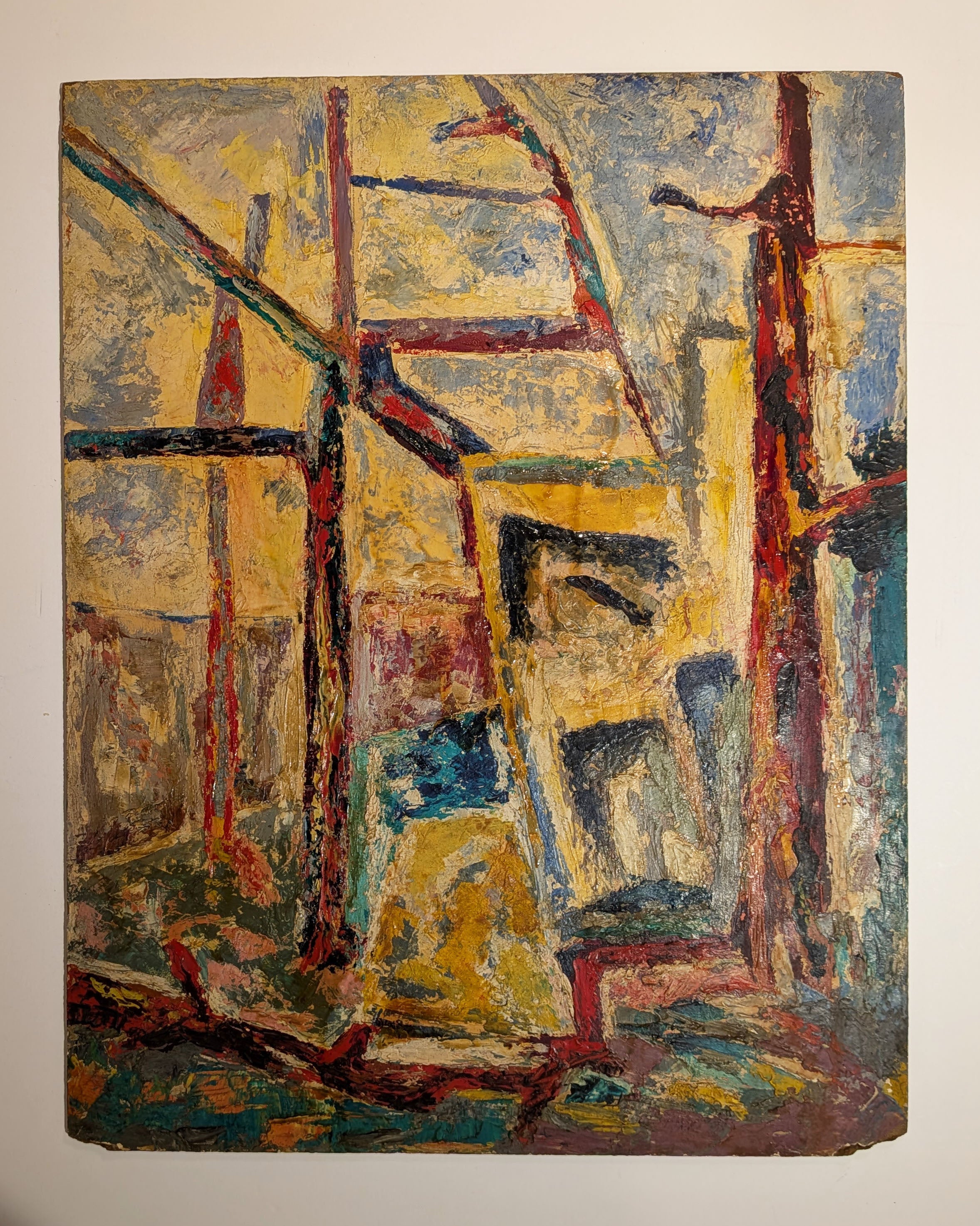 Vintage 1940s Cubist Abstract Cityscape Painting, Oil on Board, Unsigned