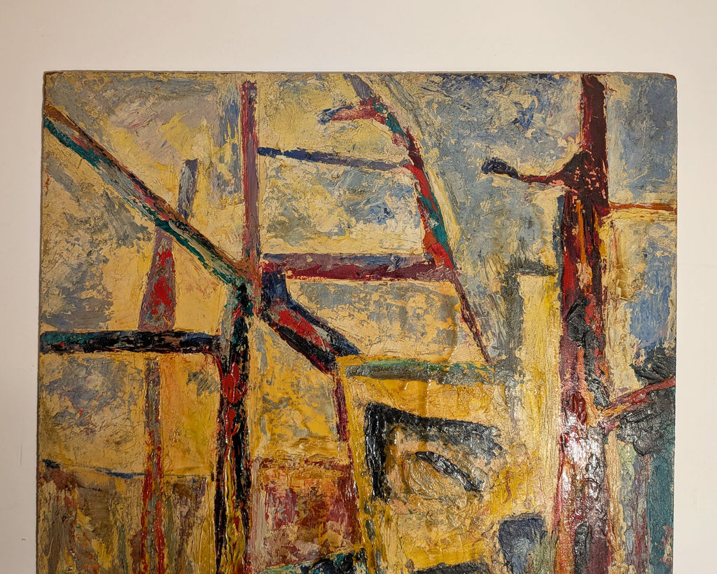 Vintage 1940s Cubist Abstract Cityscape Painting, Oil on Board, Unsigned