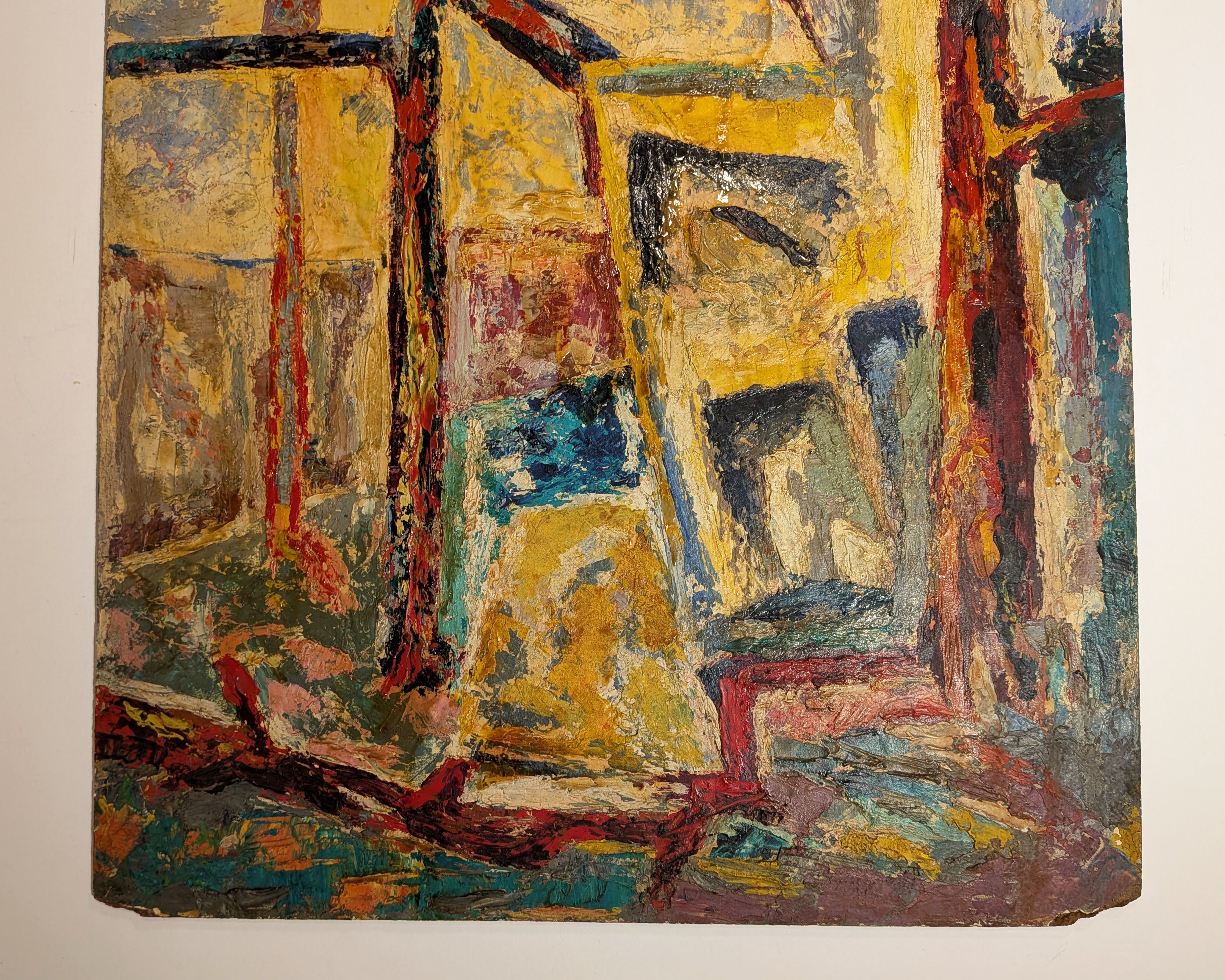 Vintage 1940s Cubist Abstract Cityscape Painting, Oil on Board, Unsigned