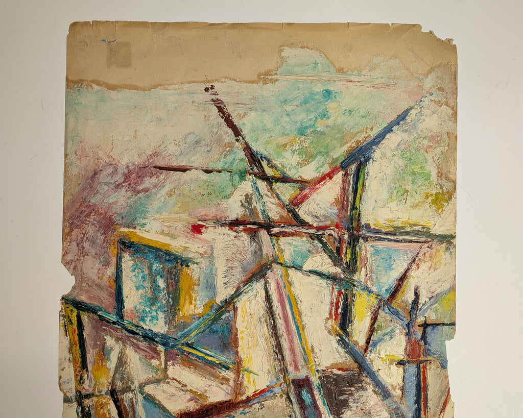 Vintage 1940s Cubist Abstract Cityscape Painting, Oil on Paper, Unsigned