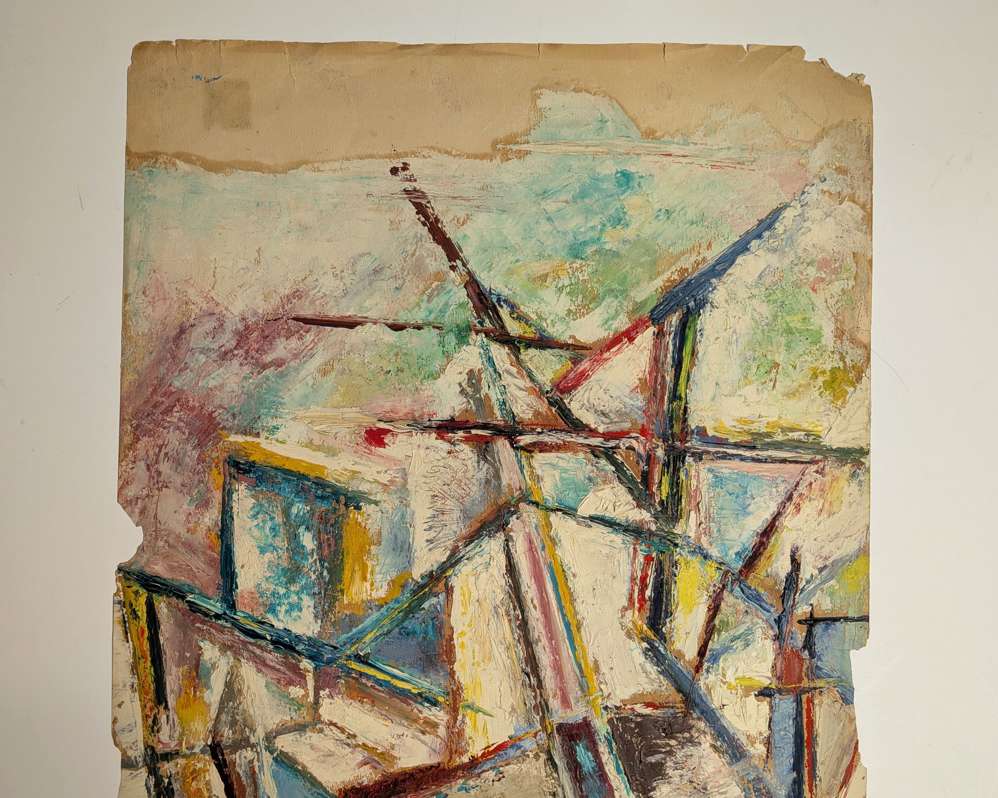 Vintage 1940s Cubist Abstract Cityscape Painting, Oil on Paper, Unsigned