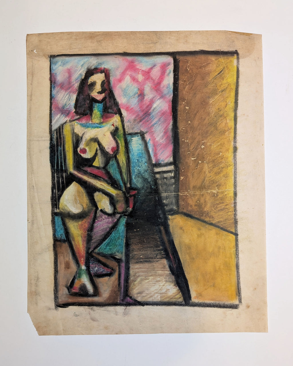 Vintage Mid-Century Cubist Expressionist Seated Nude Pastel Painting on Paper