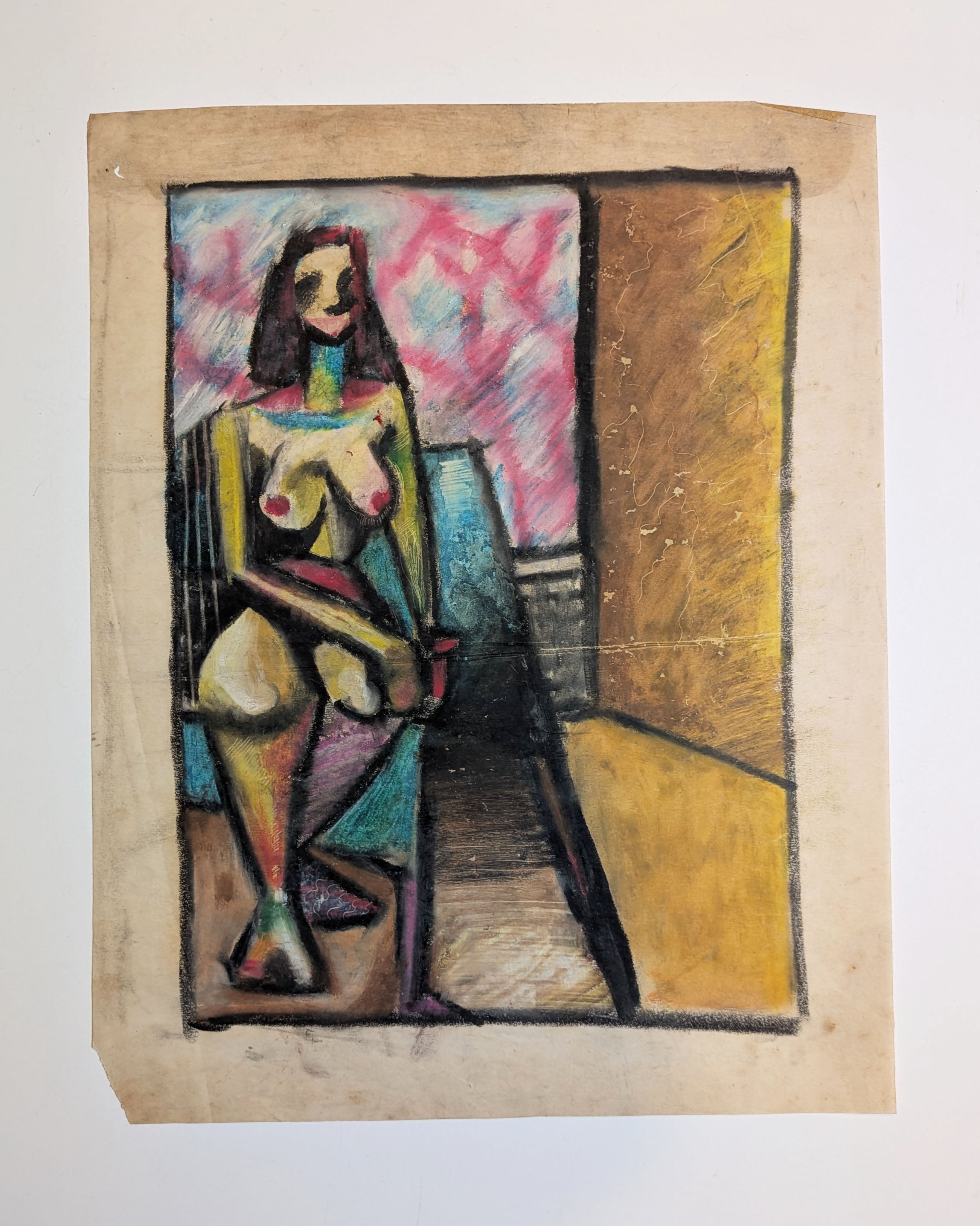 Vintage Mid-Century Cubist Expressionist Seated Nude Pastel Painting on Paper