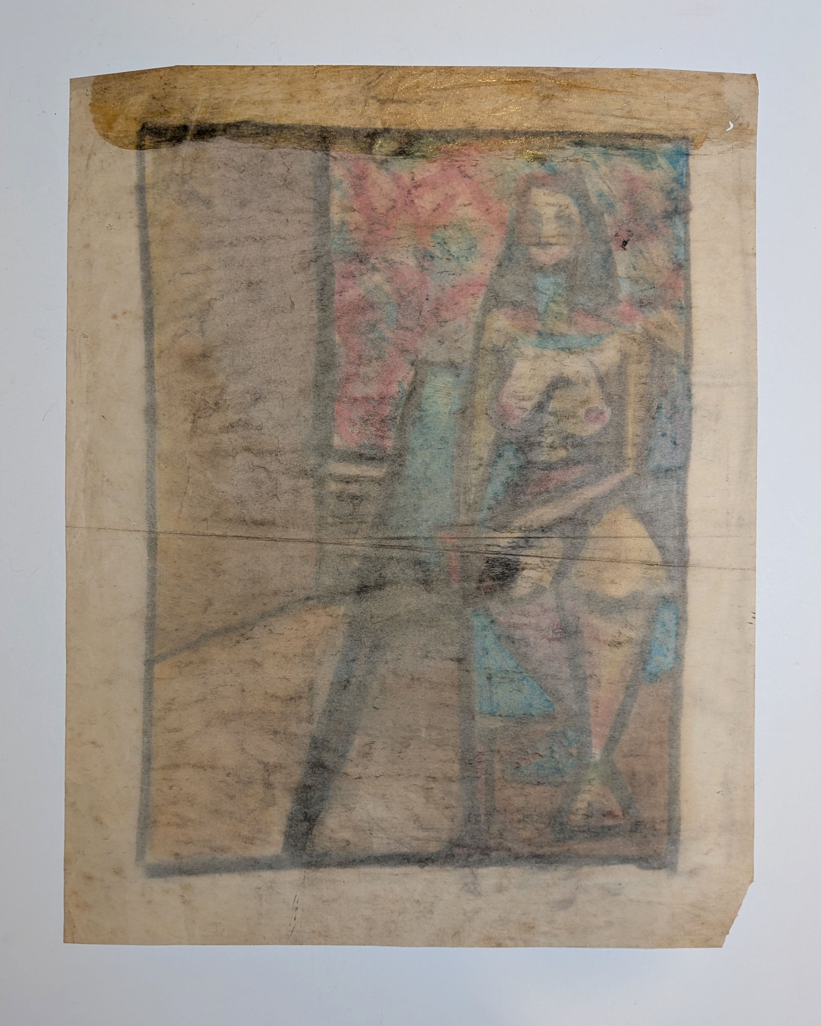 Vintage Mid-Century Cubist Expressionist Seated Nude Pastel Painting on Paper