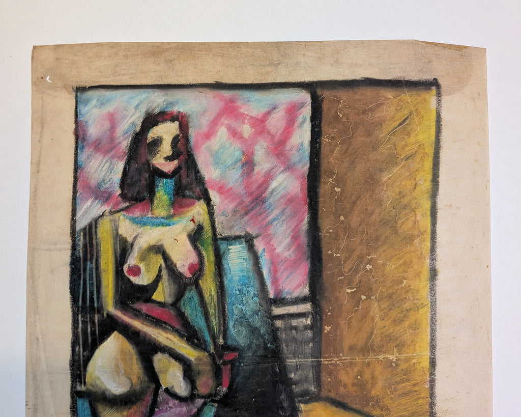 Vintage Mid-Century Cubist Expressionist Seated Nude Pastel Painting on Paper