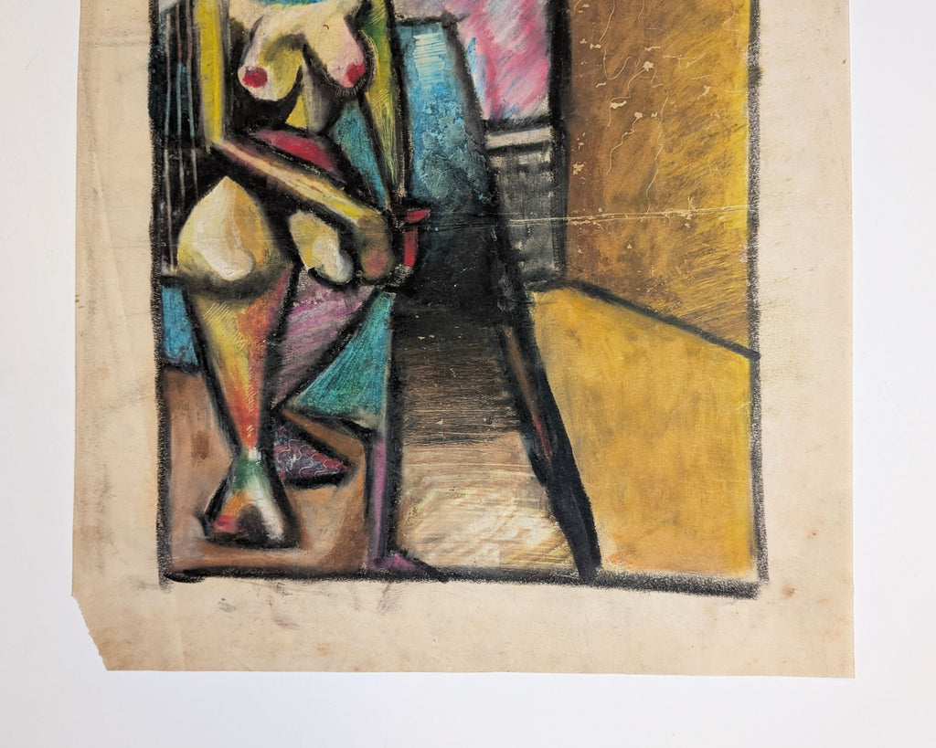 Vintage Mid-Century Cubist Expressionist Seated Nude Pastel Painting on Paper