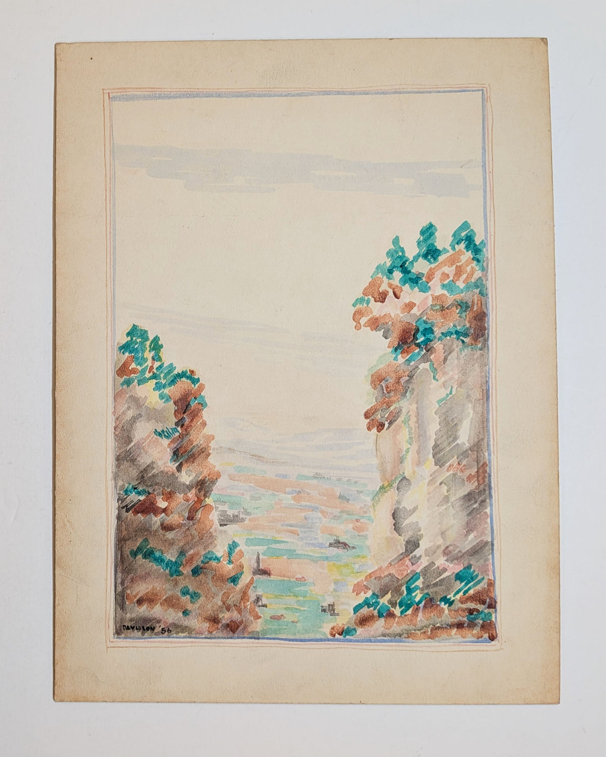 Modernist Canyon Landscape | Watercolor on Board | Edward A. Davidson | 1956