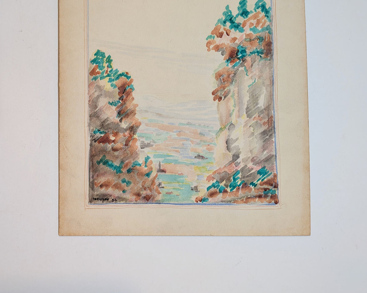Modernist Canyon Landscape | Watercolor on Board | Edward A. Davidson | 1956