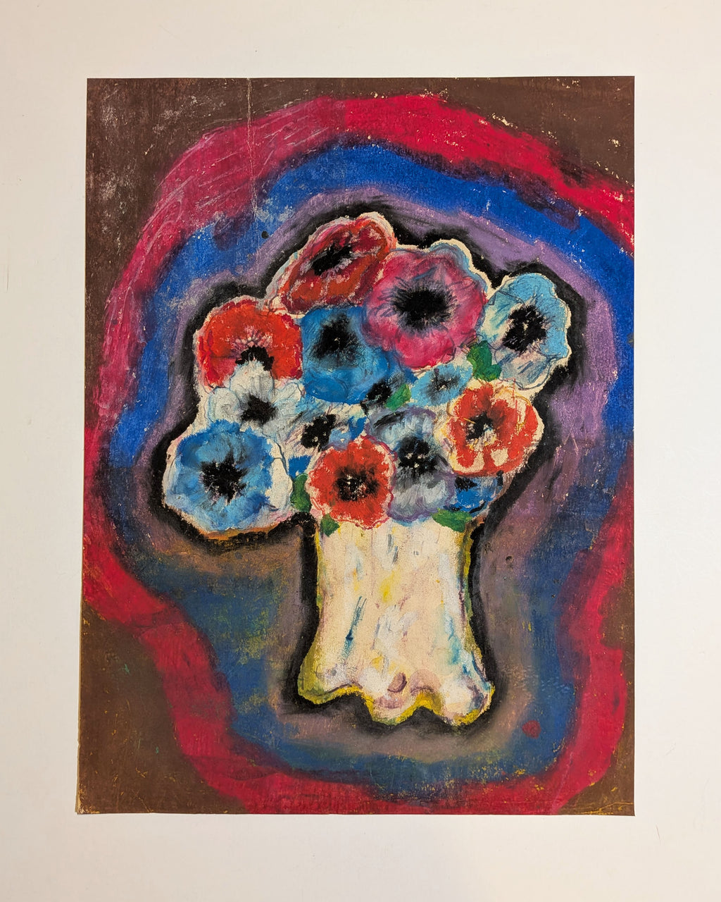 Vintage Mid-Century Expressionist Anemone Floral Still Life Mixed Media Painting