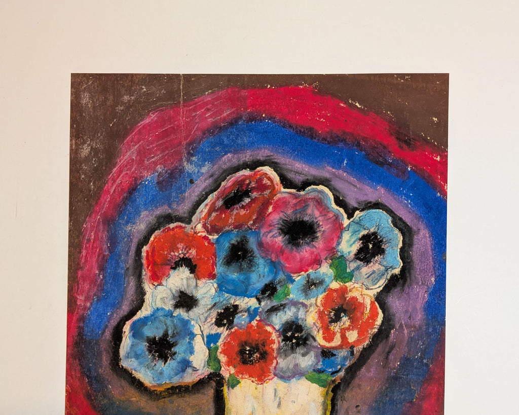 Vintage Mid-Century Expressionist Anemone Floral Still Life Mixed Media Painting