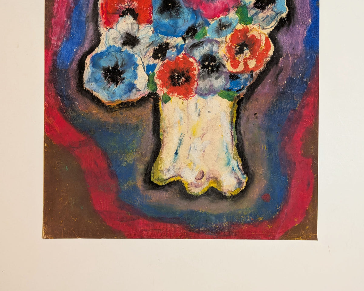 Vintage Mid-Century Expressionist Anemone Floral Still Life Mixed Media Painting