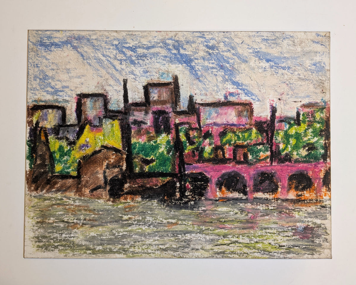Vintage Mid-Century Expressionist Cityscape Painting on Macy's Canvas Board