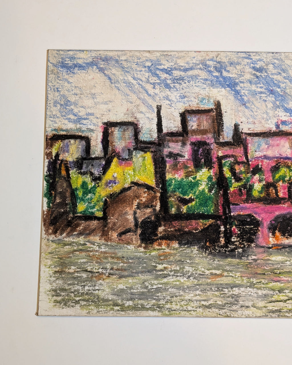 Vintage Mid-Century Expressionist Cityscape Painting on Macy's Canvas Board