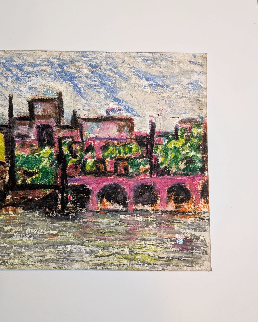 Vintage Mid-Century Expressionist Cityscape Painting on Macy's Canvas Board