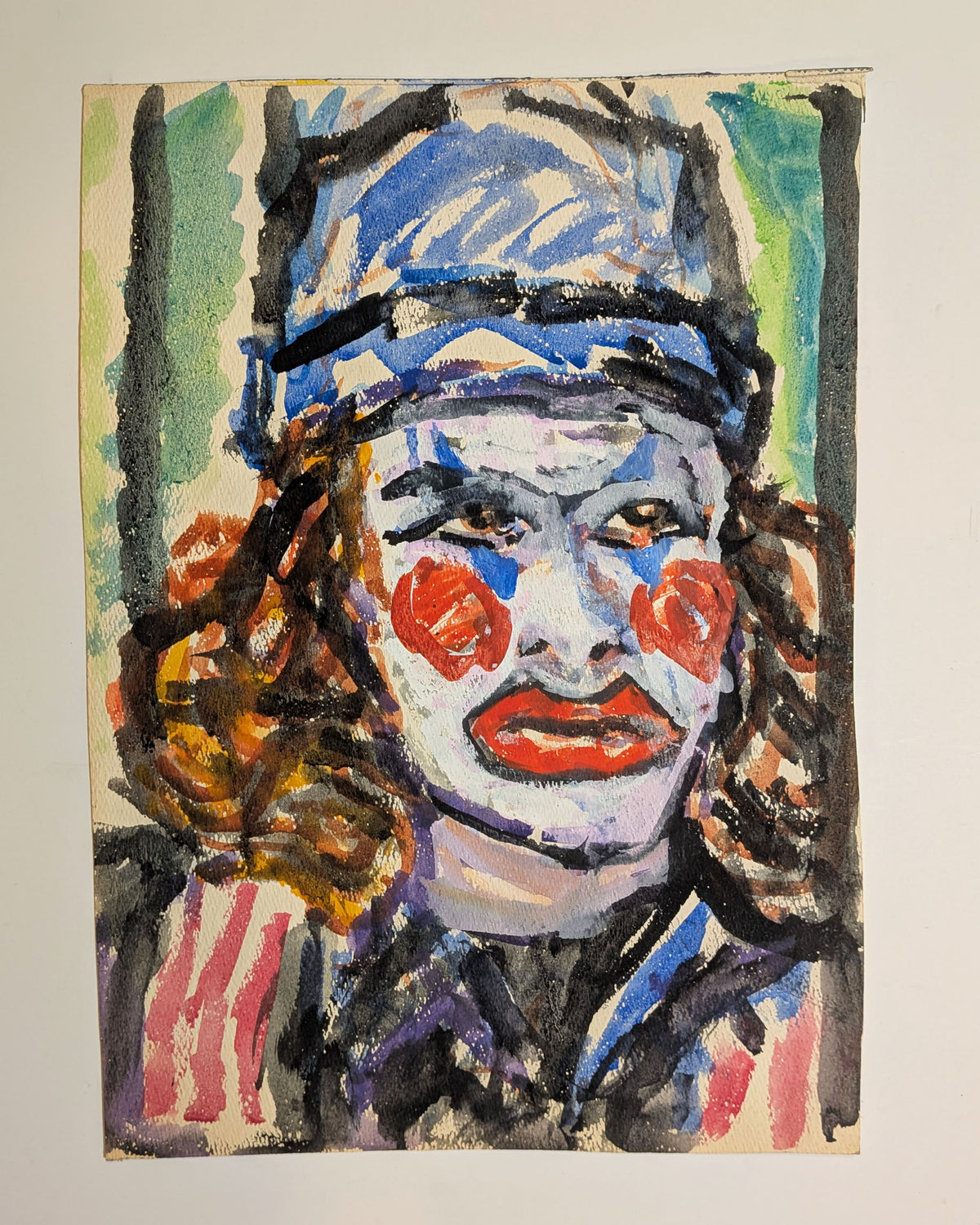 Vintage Mid-Century Expressionist Clown Portrait Gouache Watercolor on Paper