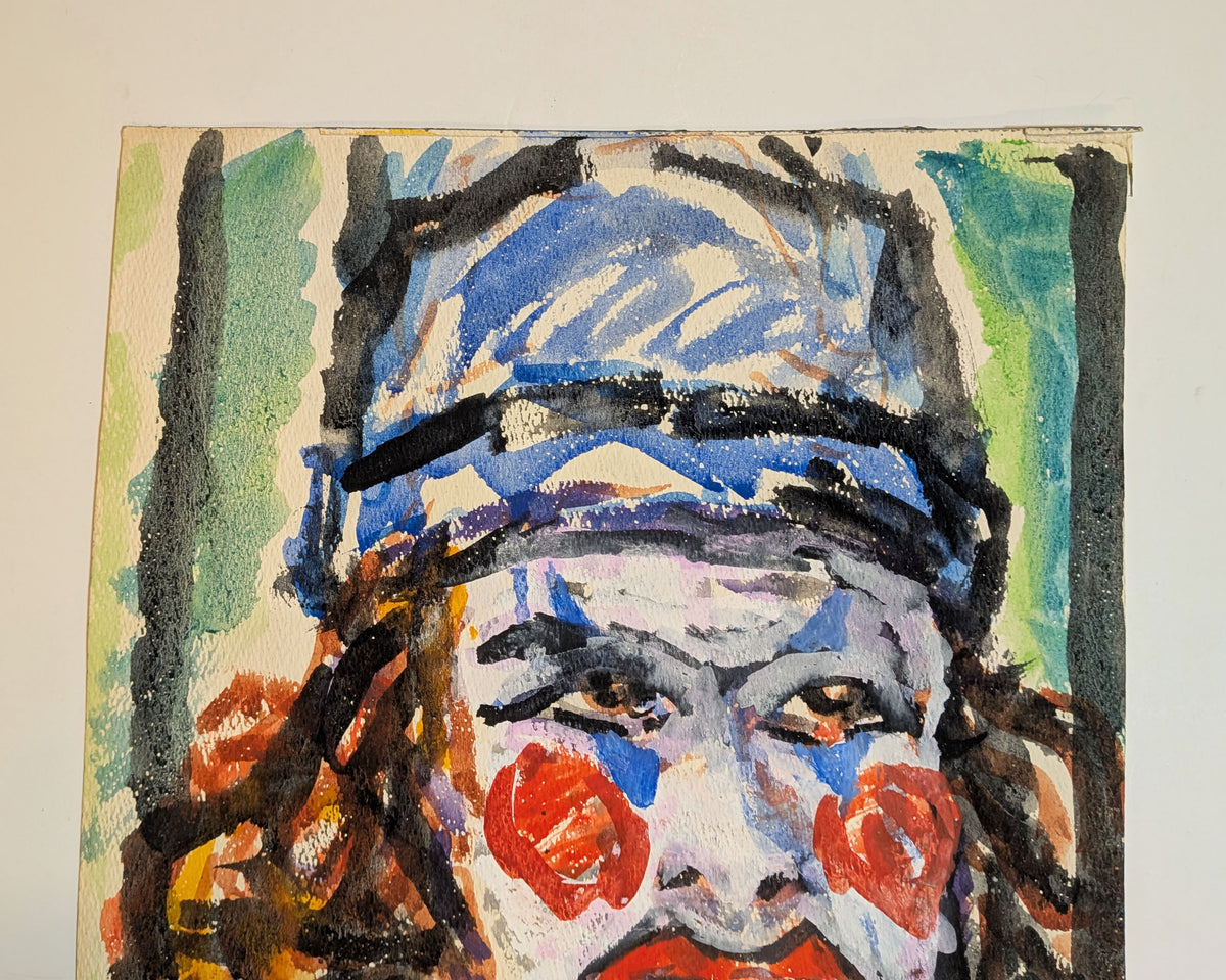 Vintage Mid-Century Expressionist Clown Portrait Gouache Watercolor on Paper