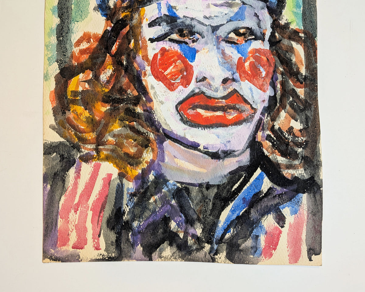 Vintage Mid-Century Expressionist Clown Portrait Gouache Watercolor on Paper