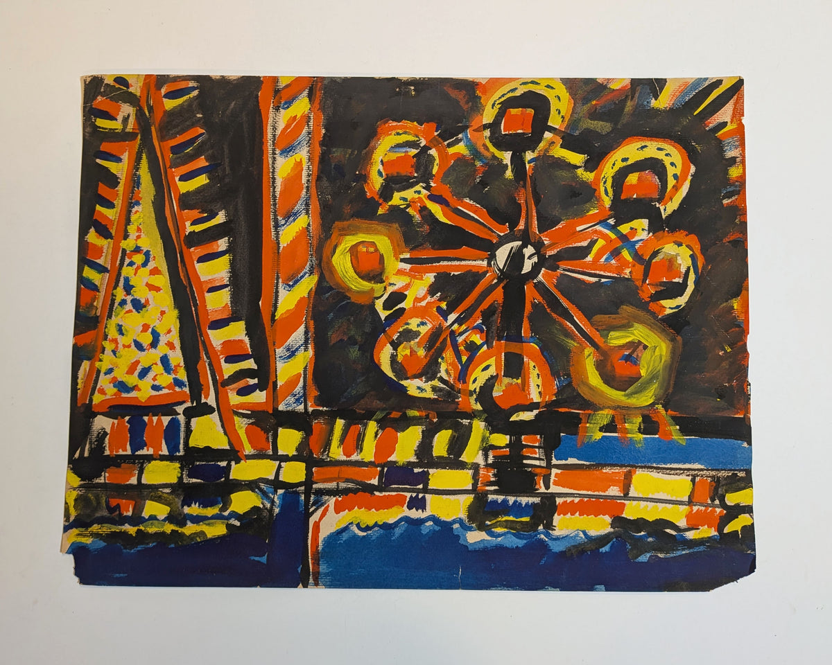 Vintage Expressionist Coney Island Wonder Wheel Painting, Acrylic on Paper