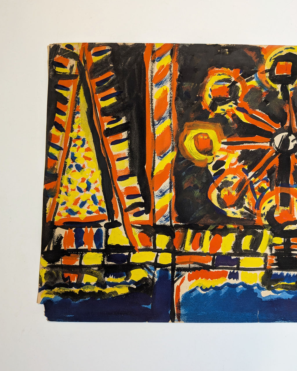 Vintage Expressionist Coney Island Wonder Wheel Painting, Acrylic on Paper