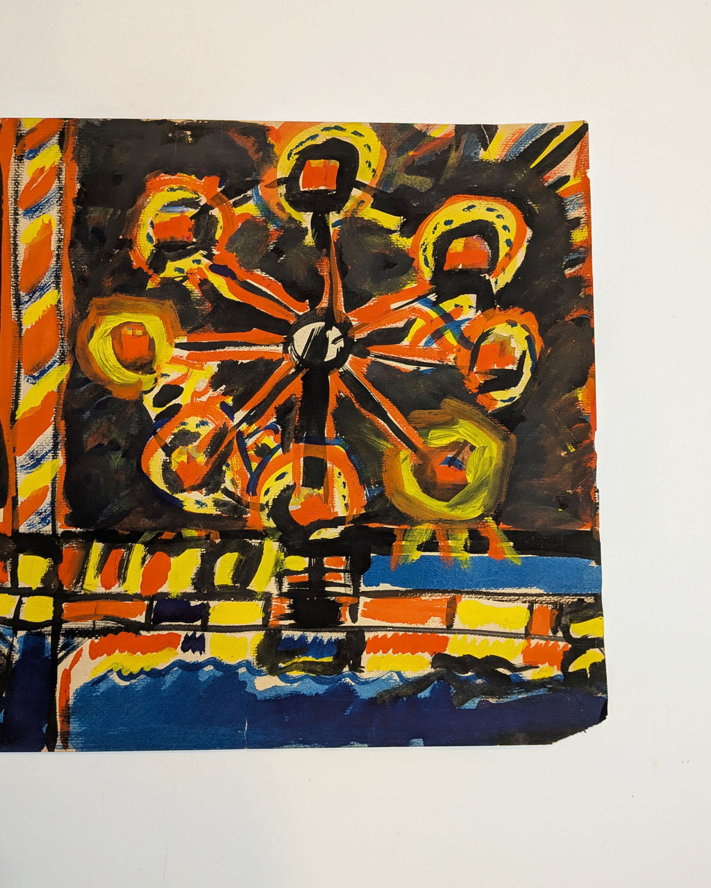 Vintage Expressionist Coney Island Wonder Wheel Painting, Acrylic on Paper