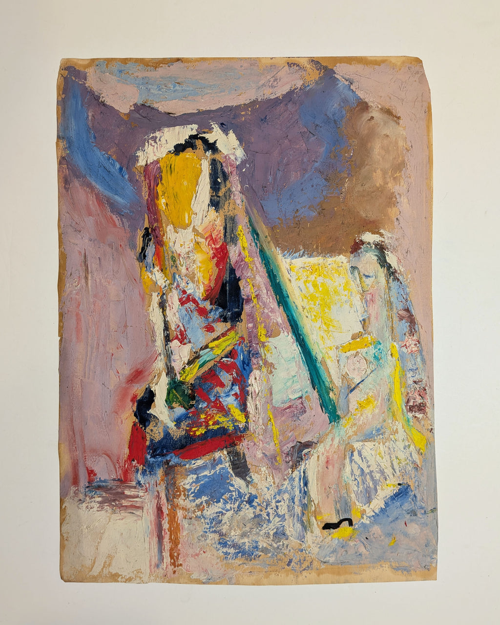 Vintage Mid-Century Expressionist Figural Interior Oil Painting Paper