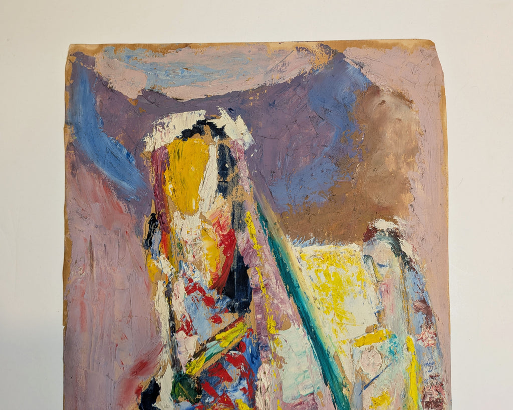 Vintage Mid-Century Expressionist Figural Interior Oil Painting Paper