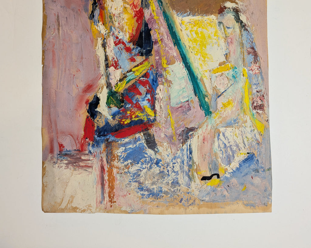Vintage Mid-Century Expressionist Figural Interior Oil Painting Paper