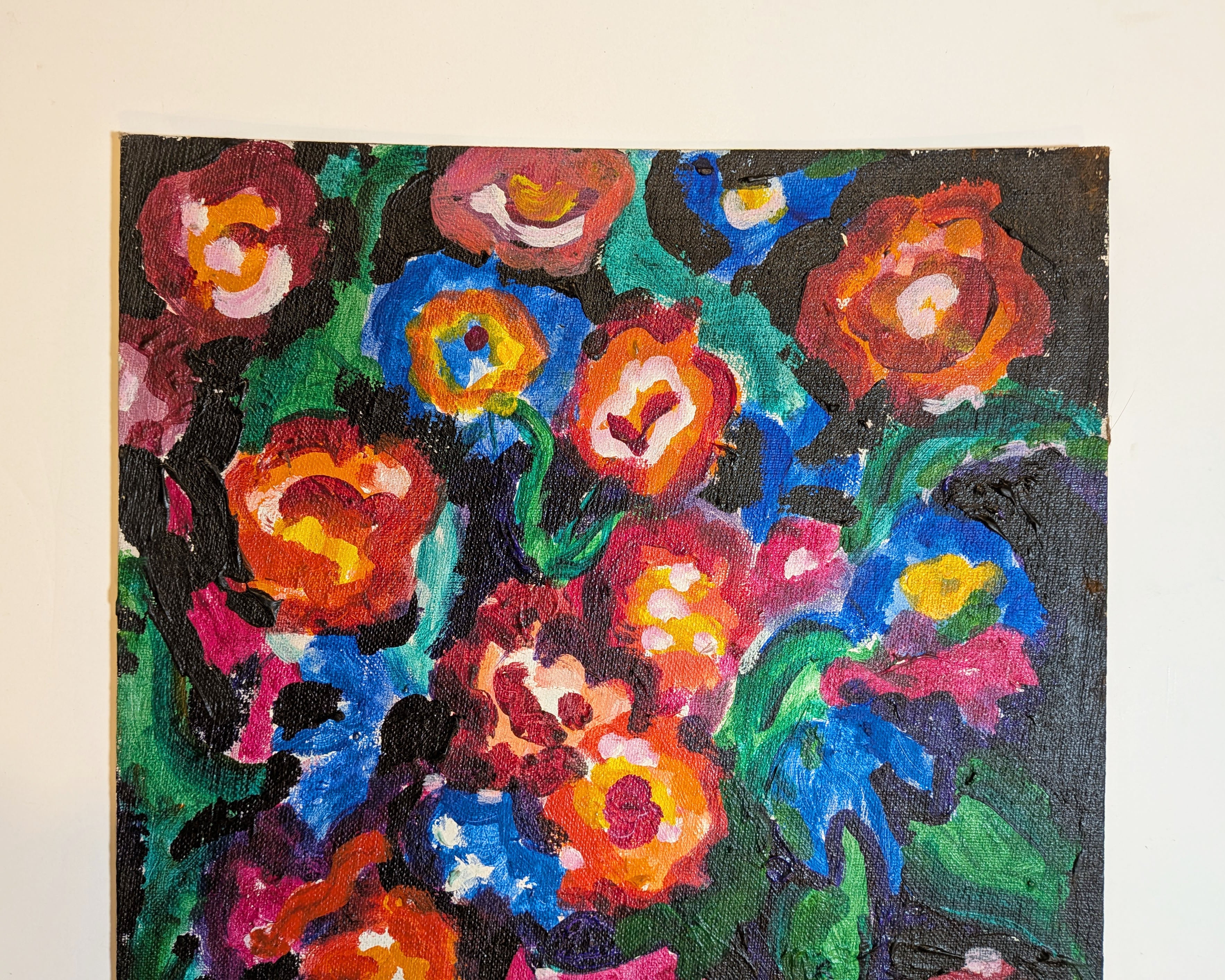 Vintage Mid-Century Expressionist Floral Still Life Acrylic on Canvas Board