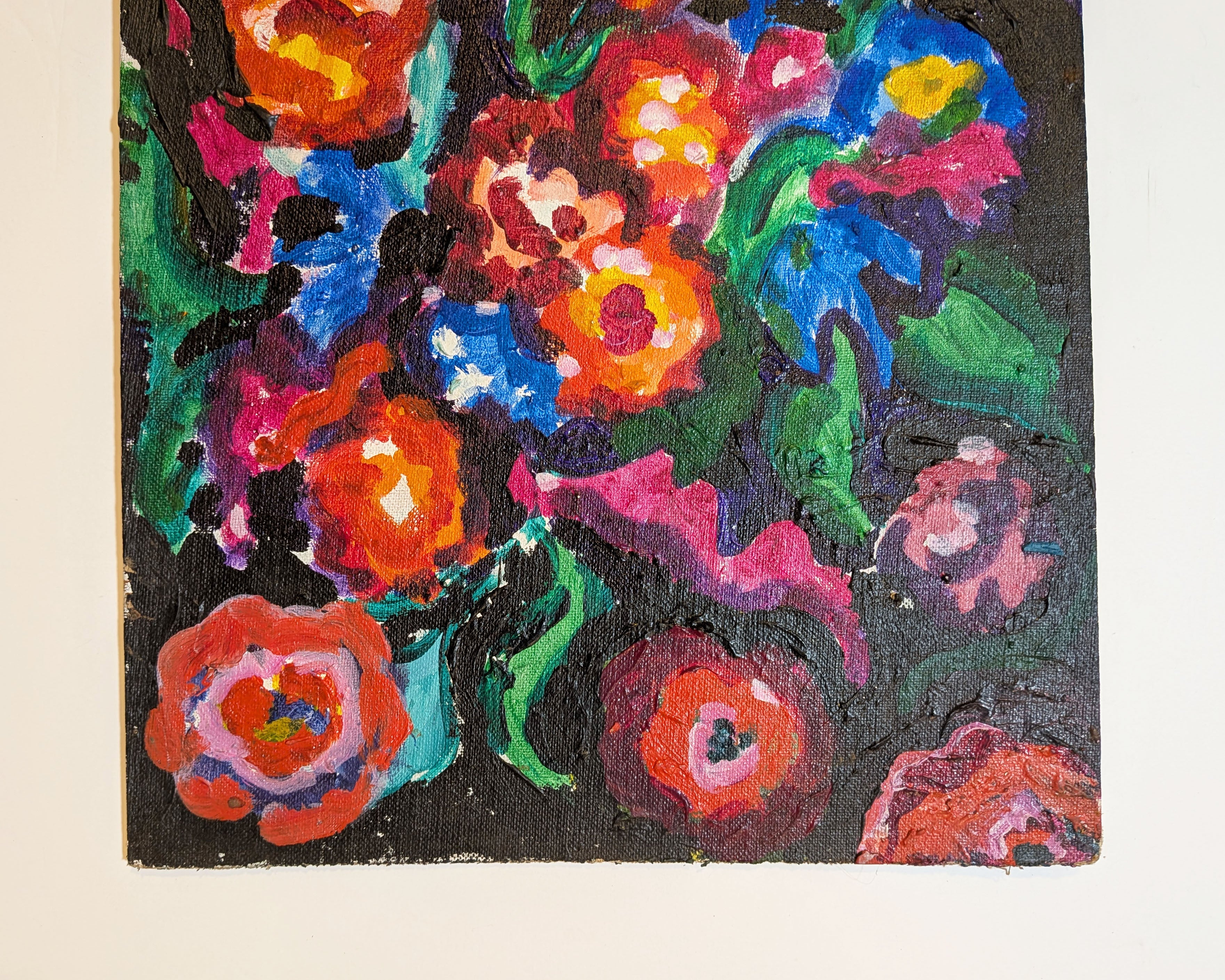 Vintage Mid-Century Expressionist Floral Still Life Acrylic on Canvas Board