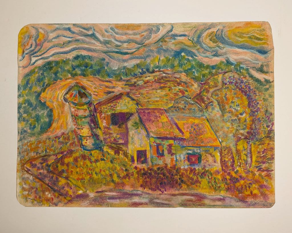 Vintage Mid-Century Expressionist Village Landscape Oil Pastel on Paper