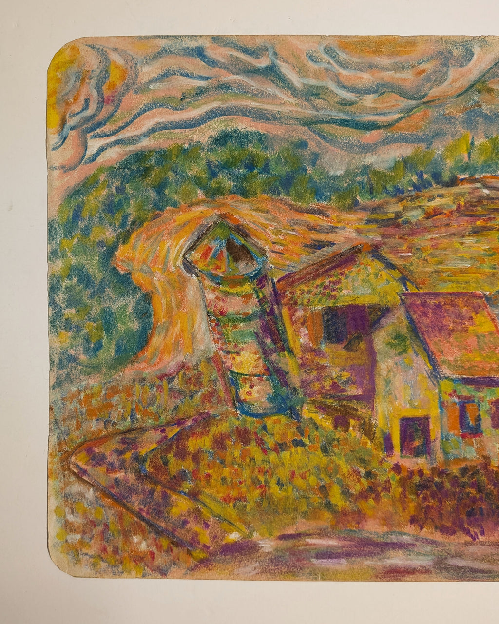 Vintage Mid-Century Expressionist Village Landscape Oil Pastel on Paper
